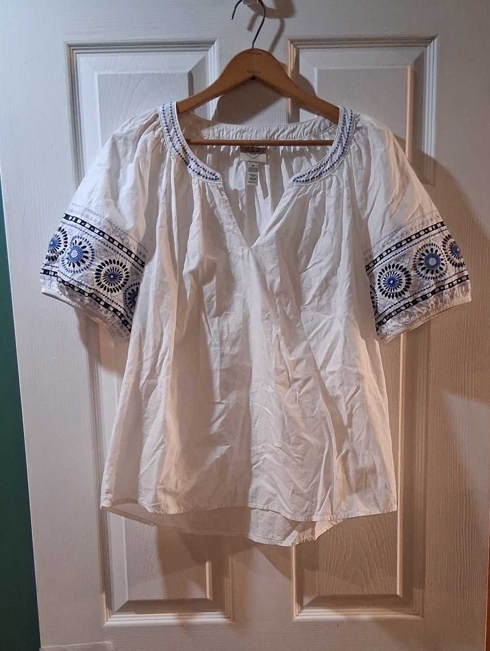 St. John's Bay White Peasant Top with Blue Embroidered Sleeves